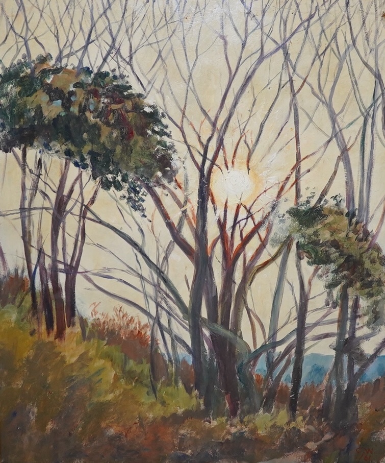 Charles Wheeler PRA (1892-1974), oil on canvas board, ‘Sun through trees’, initialled and dated '61, 60 x 49cm. Condition - fair to good